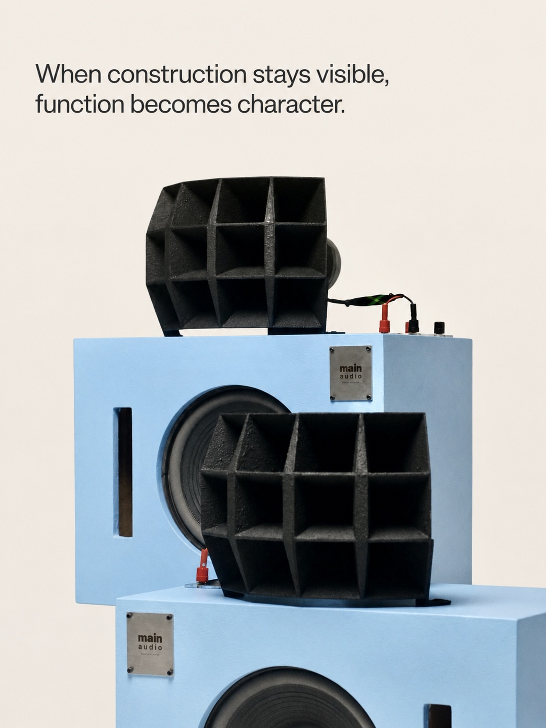 Main Audio horn speakers with an observation about visible construction.